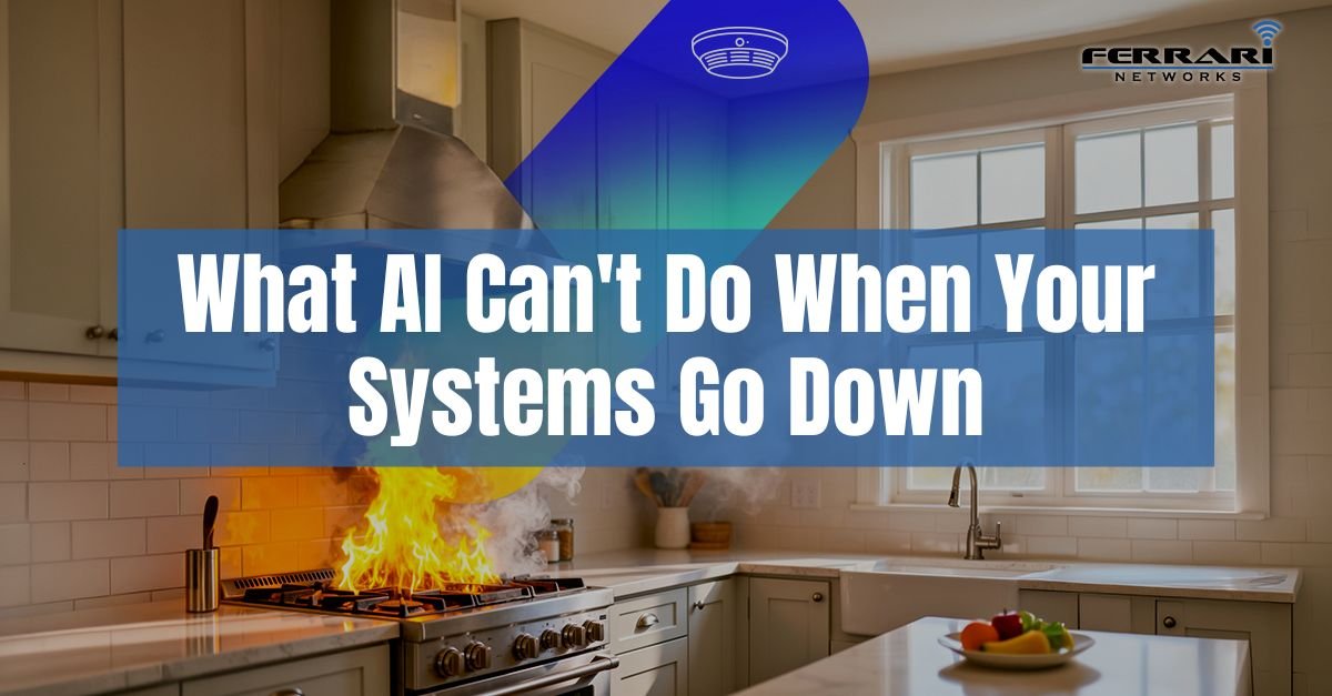 Kitchen fire with text about AI limitations during system outages