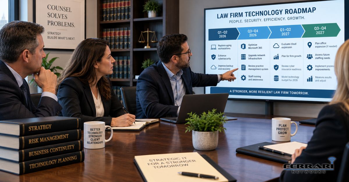 Law firm leaders meeting with an IT strategist to review a technology plan